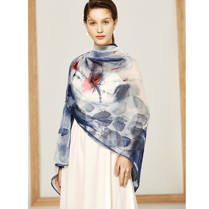 Ink Painting Mulberry Silk Scarf – Elegant Beach Sunscreen Wrap for Women