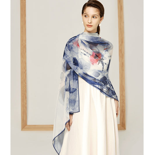 Ink Painting Mulberry Silk Scarf – Elegant Beach Sunscreen Wrap for Women