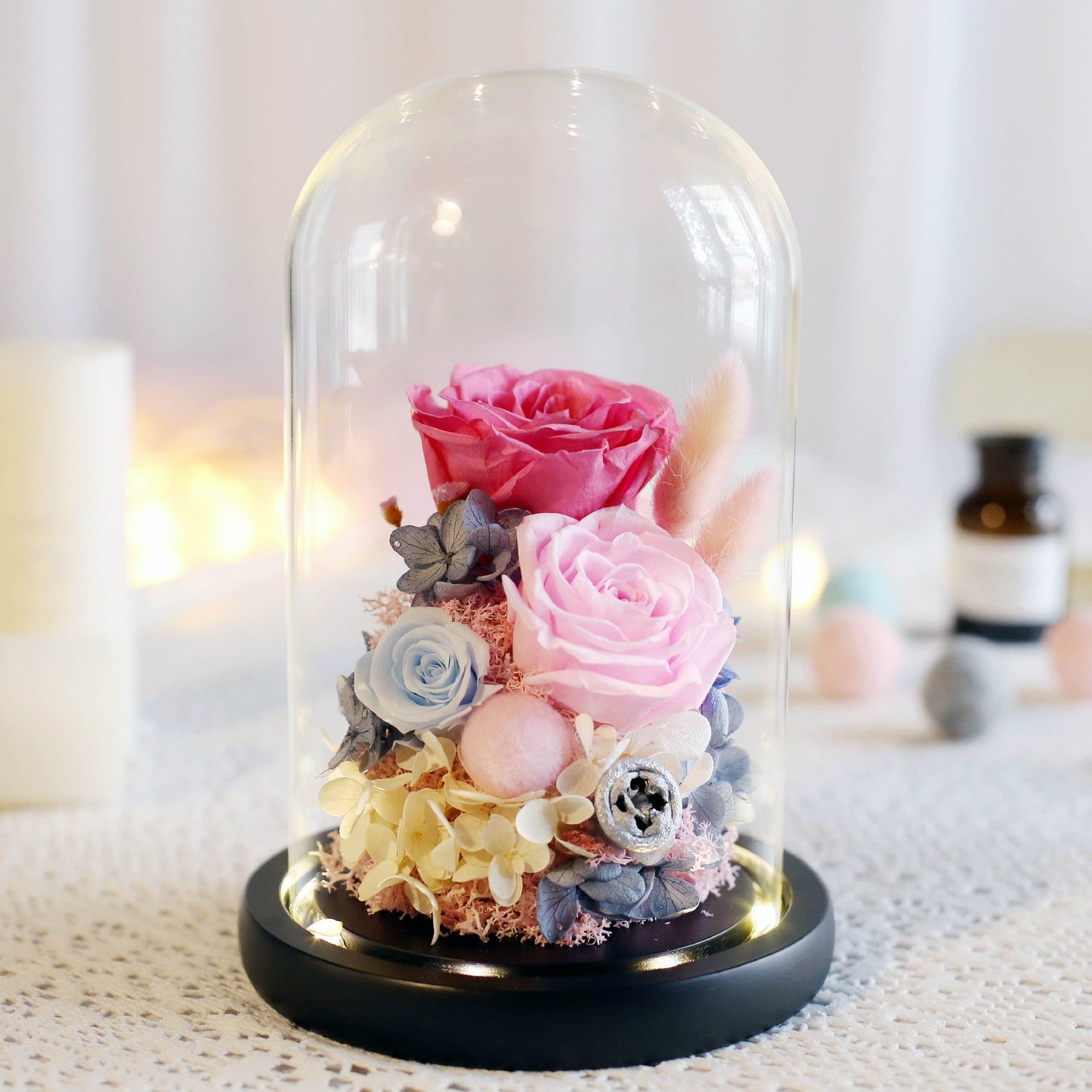 EverBloom Collection of luxury preserved flowers in glass domes – roses, carnations, and elegant gift boxes