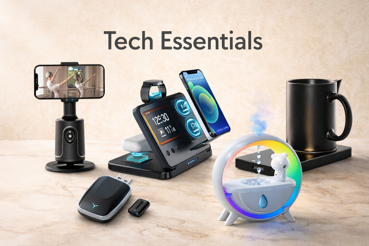 Modern Tech Essentials collection: headset, wireless charger, night light, pillow speaker, and earbuds