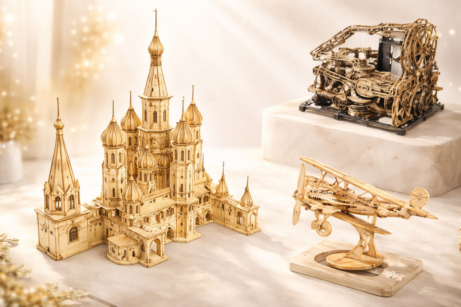 Wooden model kits collection featuring DIY 3D mechanical puzzle builds for hobbyists and collectors
