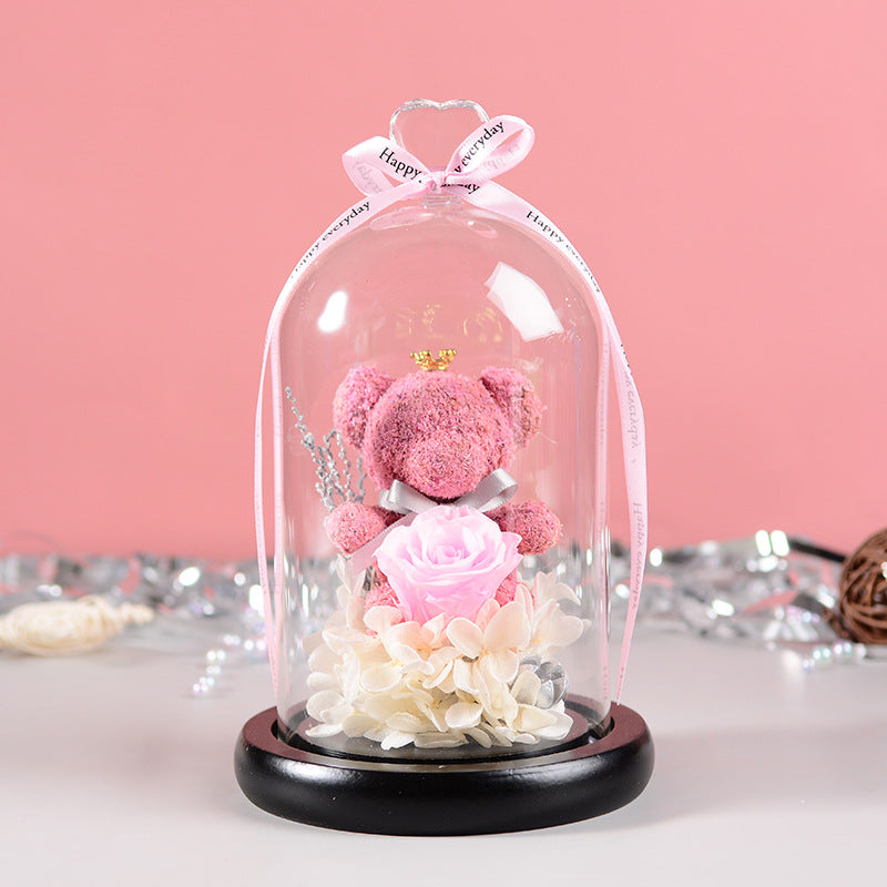 Luxury Eternal Flower Gift Box with Glass Cover & Bear Rose – Perfect Romantic Gift