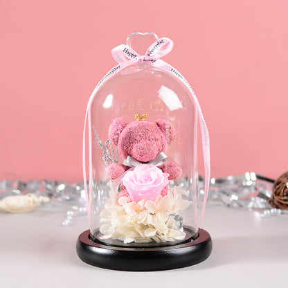 Luxury Eternal Flower Gift Box with Glass Cover & Bear Rose – Perfect Romantic Gift