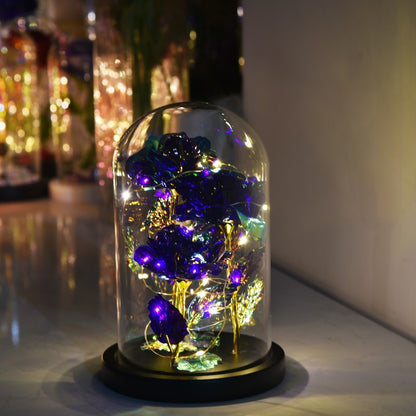 24K Gold Foil Rose LED Night Light – Romantic Glass Dome Gift