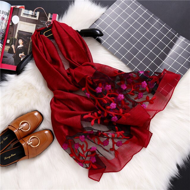 Hollow Embroidery Silk Scarf – Lightweight Shawl & Wrap for Women (Spring/Summer)