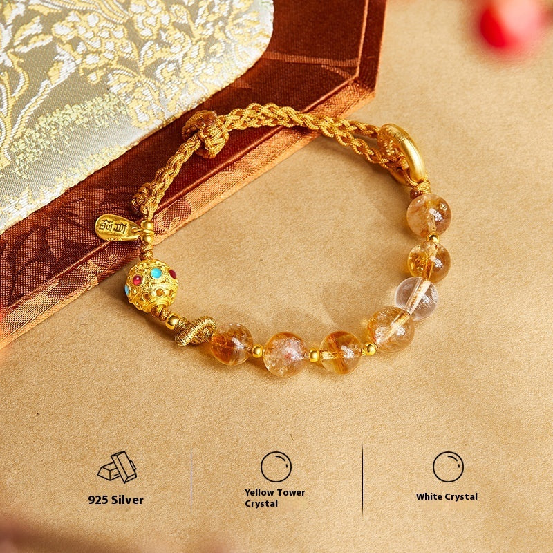 Sterling Silver Jade Bracelet – Round Huangtajing & White Crystal Beads | New Chinese Style Jewelry for Women