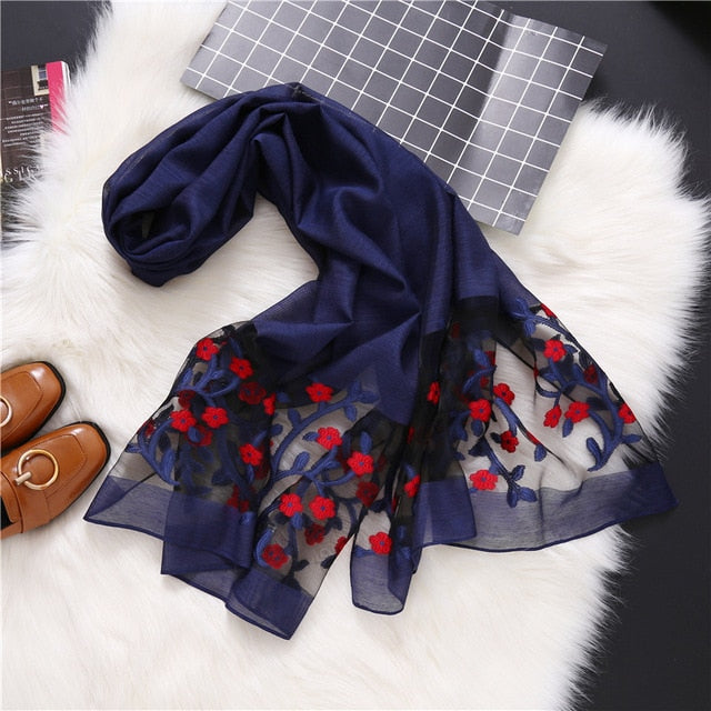 Hollow Embroidery Silk Scarf – Lightweight Shawl & Wrap for Women (Spring/Summer)