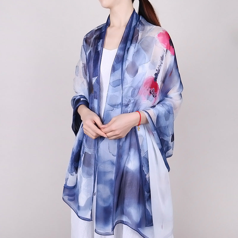 Ink Painting Mulberry Silk Scarf – Elegant Beach Sunscreen Wrap for Women