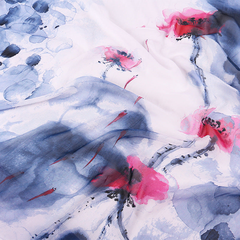 Ink Painting Mulberry Silk Scarf – Elegant Beach Sunscreen Wrap for Women