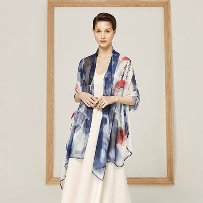 Ink Painting Mulberry Silk Scarf – Elegant Beach Sunscreen Wrap for Women