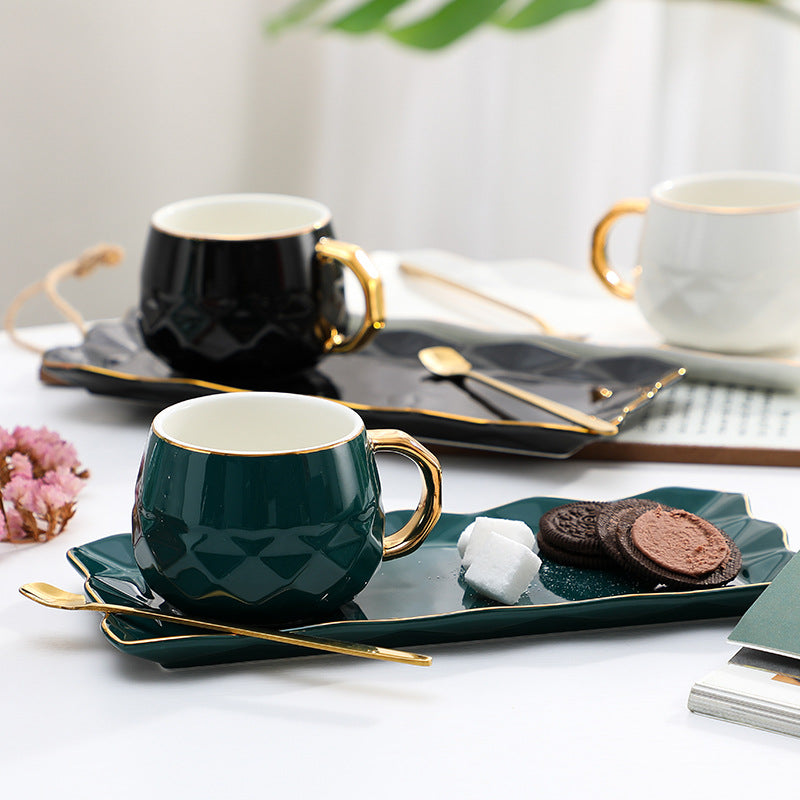 Luxury European Ceramic Coffee Cup Set with Hand-Painted Gold Accents