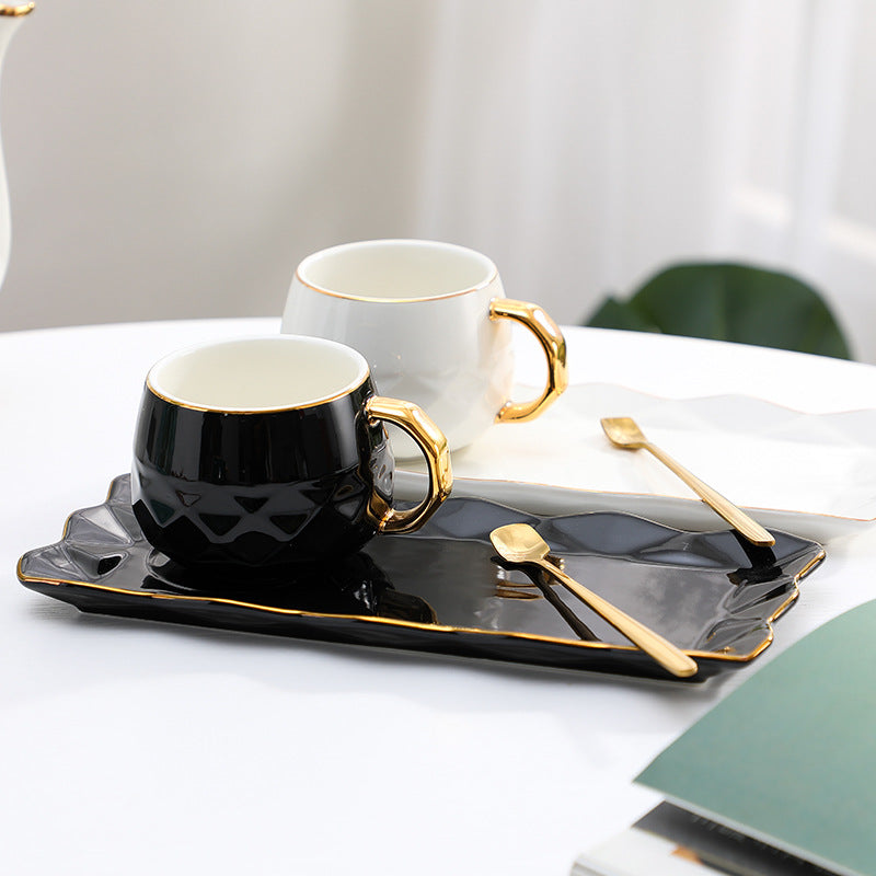 Luxury European Ceramic Coffee Cup Set with Hand-Painted Gold Accents