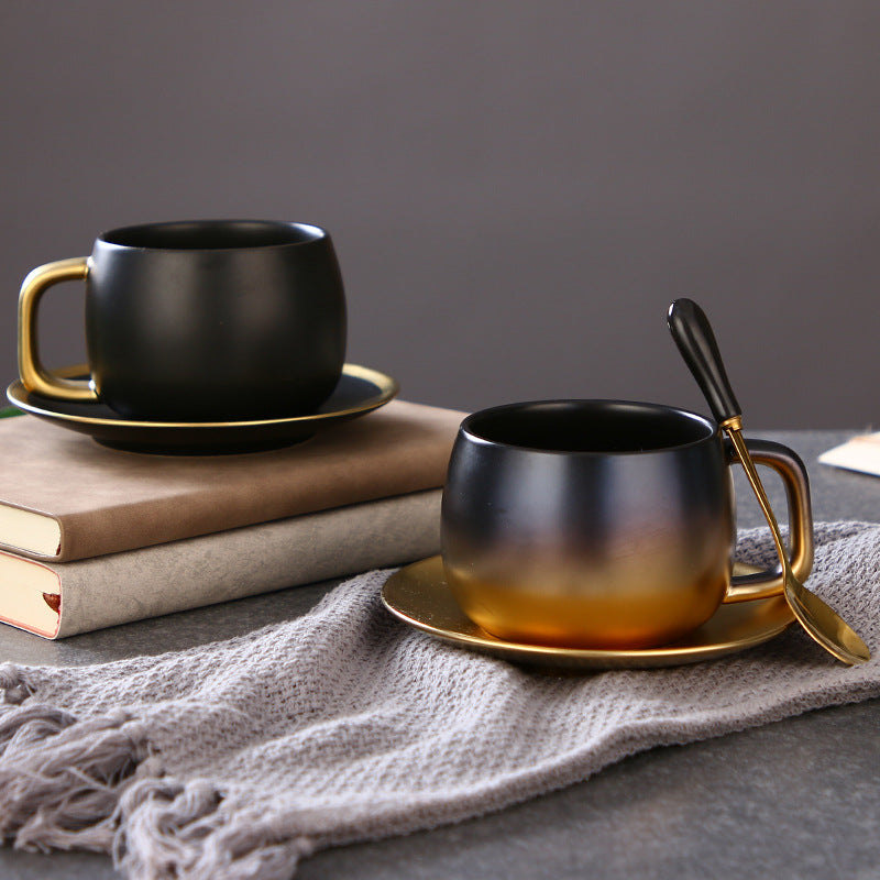 Luxury Matte Black Coffee Cup Set with Gold Gradient Rim