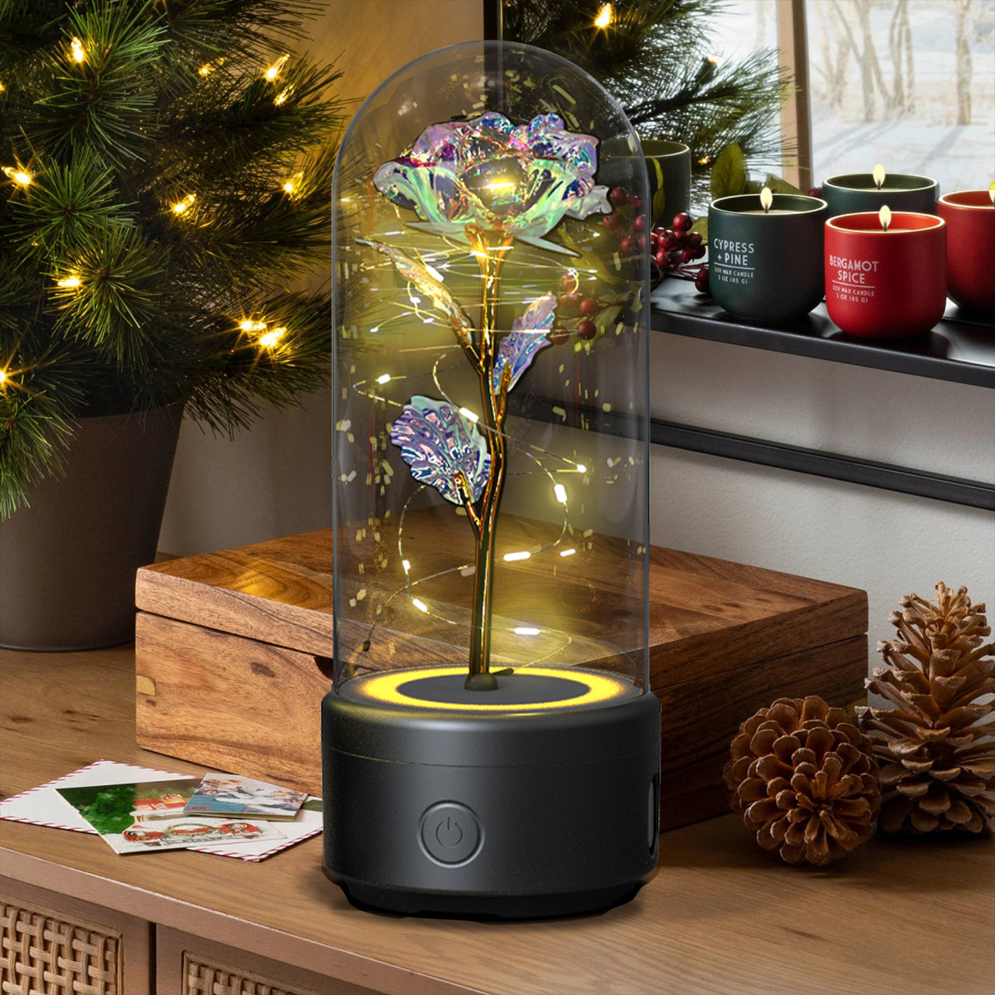 Eternal Rose LED Light & Bluetooth Speaker – Romantic Glass Dome Gift
