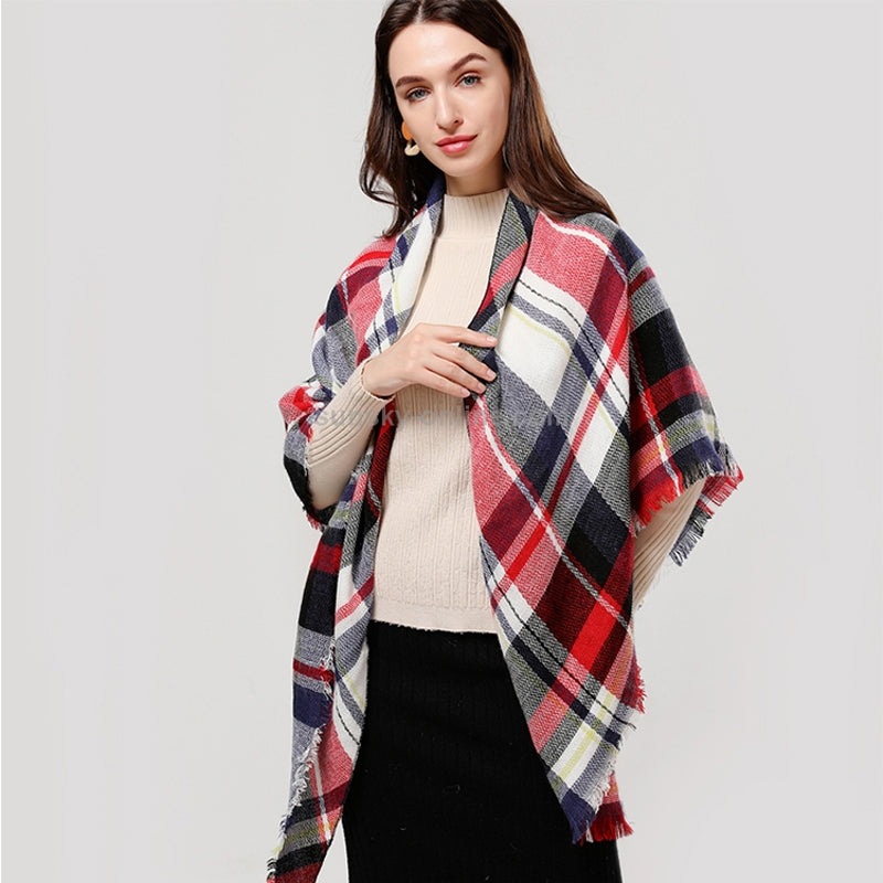59x59in Red & Black Plaid Tassel Scarf – Soft, Warm Women’s Shawl & Wrap