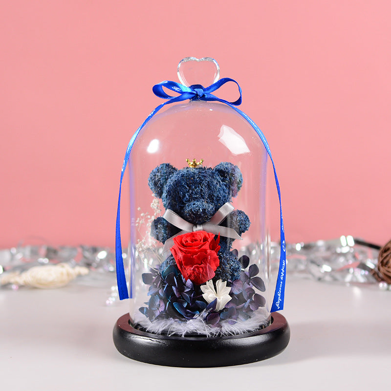 Luxury Eternal Flower Gift Box with Glass Cover & Bear Rose – Perfect Romantic Gift