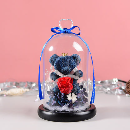 Luxury Eternal Flower Gift Box with Glass Cover & Bear Rose – Perfect Romantic Gift
