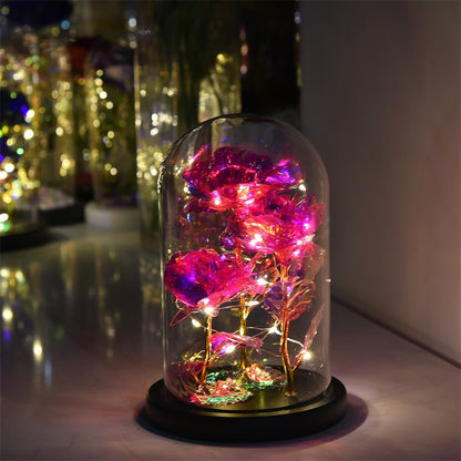 24K Gold Foil Rose LED Night Light – Romantic Glass Dome Gift