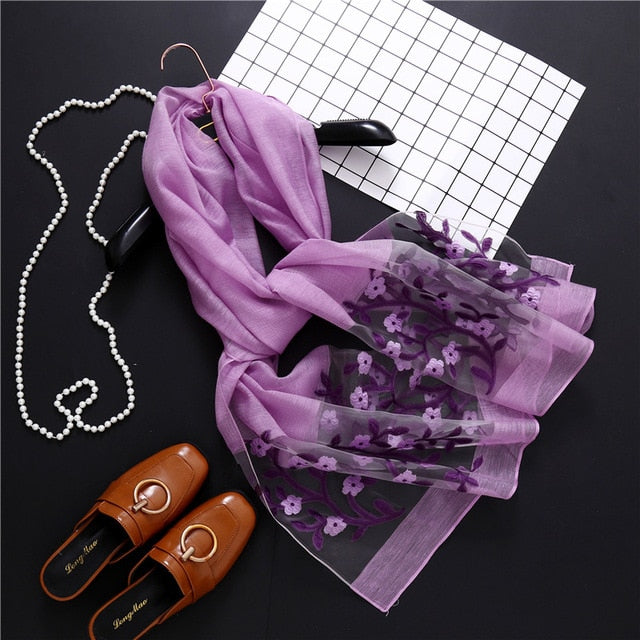 Hollow Embroidery Silk Scarf – Lightweight Shawl & Wrap for Women (Spring/Summer)