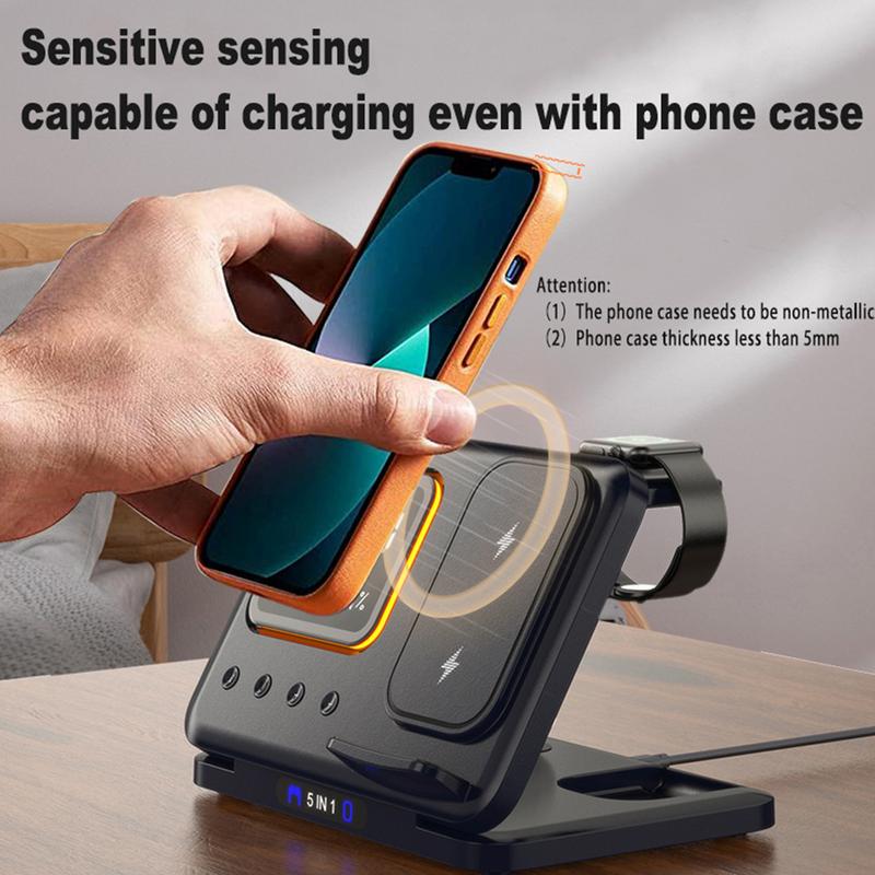 15W 5-in-1 Wireless Charging Dock with Alarm Clock & LED Display