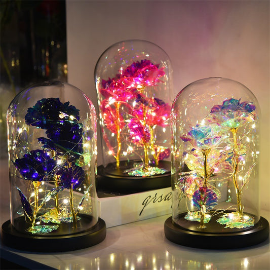 24K Gold Foil Rose LED Night Light – Romantic Glass Dome Gift