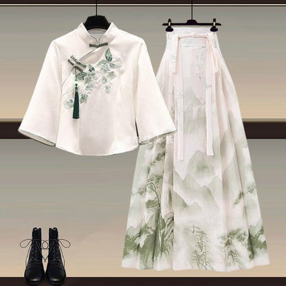 Elegant New Chinese-Style Hanfu Two-Piece Set with Horse-Face Skirt (M–4XL)