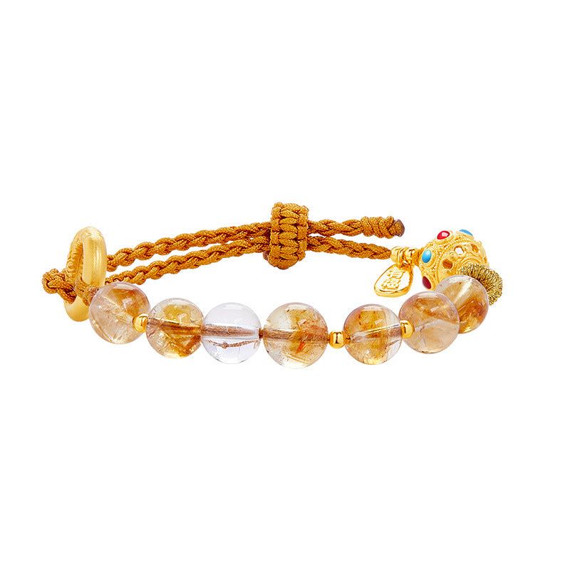 Sterling Silver Jade Bracelet – Round Huangtajing & White Crystal Beads | New Chinese Style Jewelry for Women