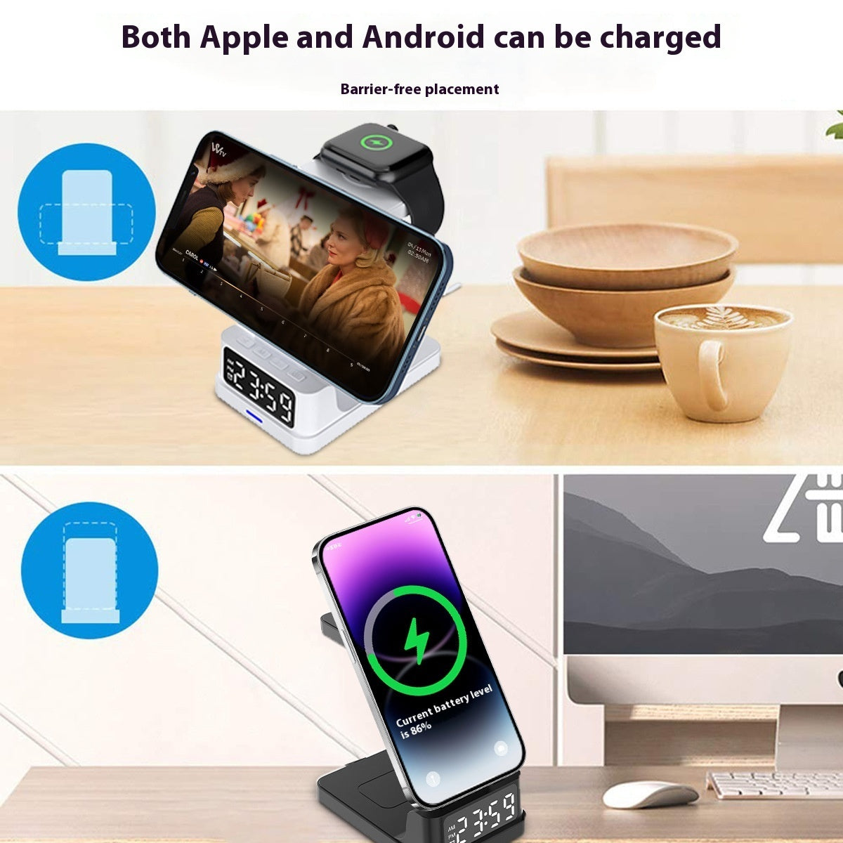 Magnetic 3-in-1 15W Wireless Charging Station with LED Clock – Modern Bedside Stand