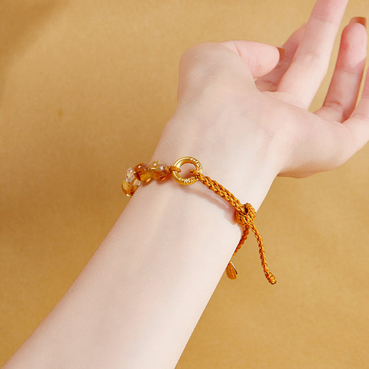 Sterling Silver Jade Bracelet – Round Huangtajing & White Crystal Beads | New Chinese Style Jewelry for Women