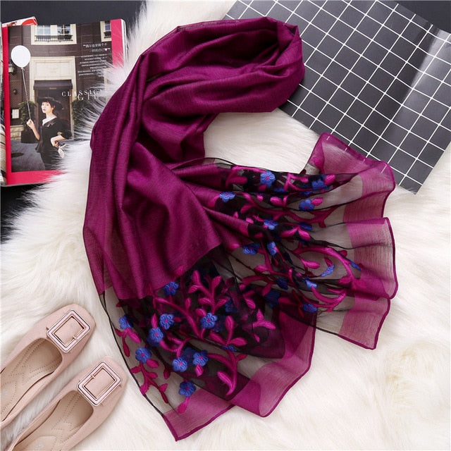 Hollow Embroidery Silk Scarf – Lightweight Shawl & Wrap for Women (Spring/Summer)