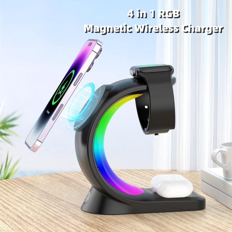 4-in-1 Magnetic Wireless Charger – Fast Charging for iPhone, AirPods Pro & Apple Watch with Ambient Light