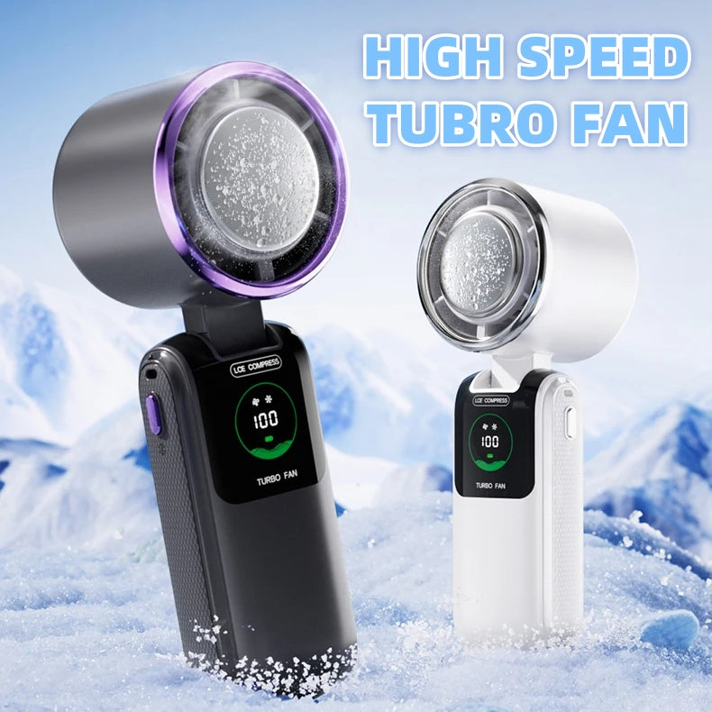 Ice Cooling Handheld Fan – High-Speed Adjustable Mini Fan, Folding Portable Neck Hanging Fan for Outdoor Travel & Daily Use