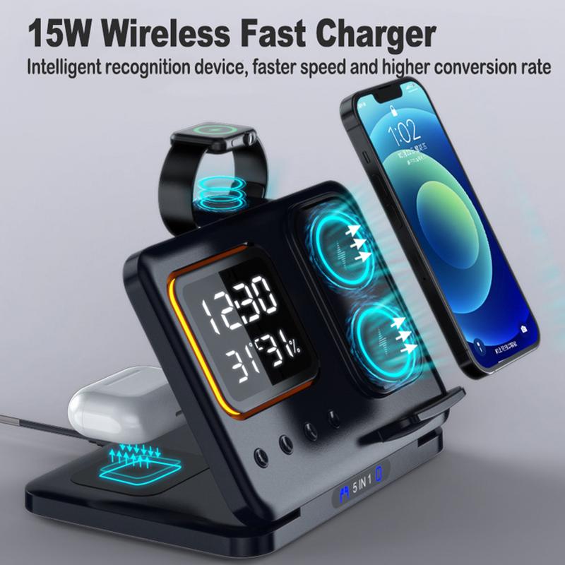 15W 5-in-1 Wireless Charging Dock with Alarm Clock & LED Display