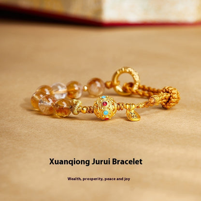 Sterling Silver Jade Bracelet – Round Huangtajing & White Crystal Beads | New Chinese Style Jewelry for Women