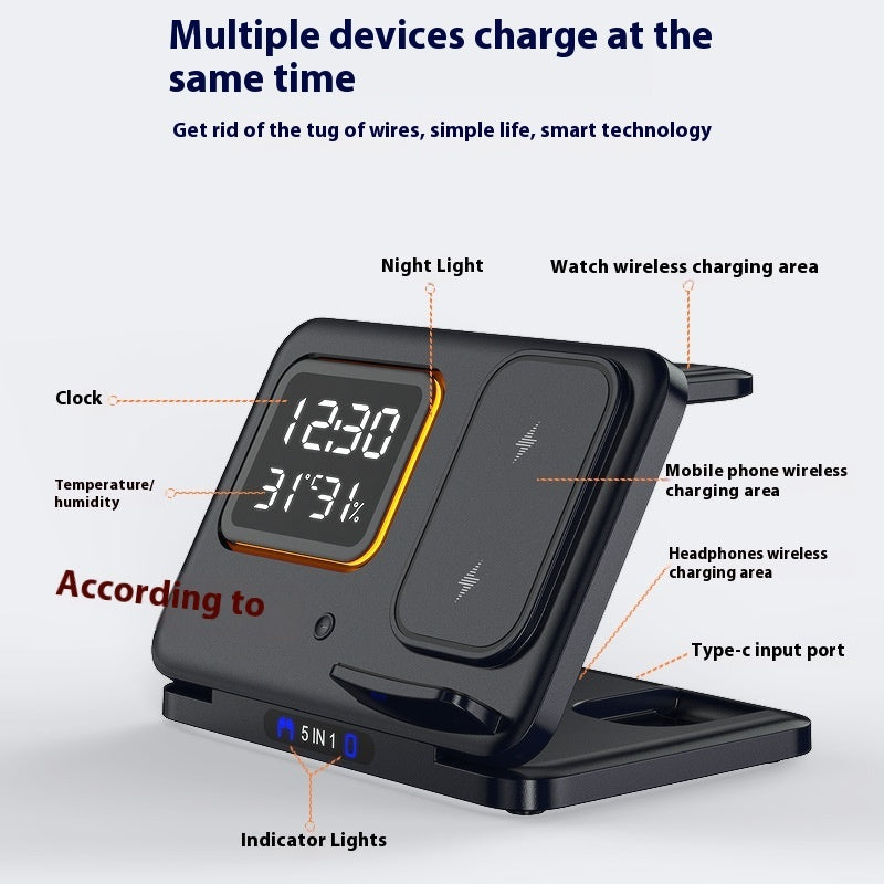15W 5-in-1 Wireless Charging Dock with Alarm Clock & LED Display
