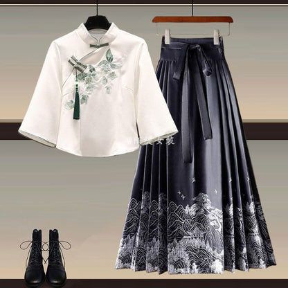Elegant New Chinese-Style Hanfu Two-Piece Set with Horse-Face Skirt (M–4XL)