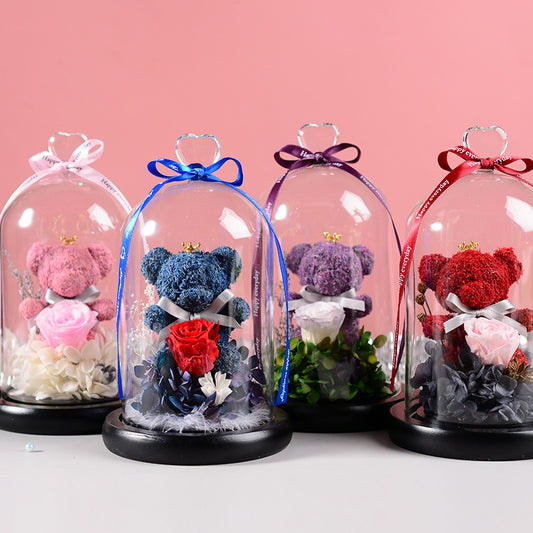 Luxury Eternal Flower Gift Box with Glass Cover & Bear Rose – Perfect Romantic Gift