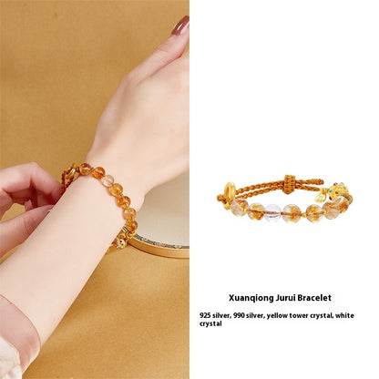 Sterling Silver Jade Bracelet – Round Huangtajing & White Crystal Beads | New Chinese Style Jewelry for Women