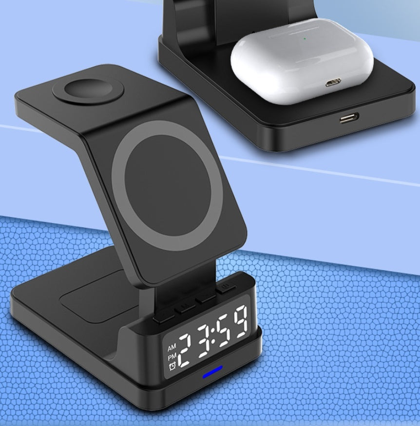 Magnetic 3-in-1 15W Wireless Charging Station with LED Clock – Modern Bedside Stand