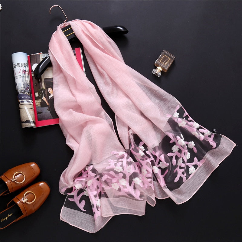 Hollow Embroidery Silk Scarf – Lightweight Shawl & Wrap for Women (Spring/Summer)