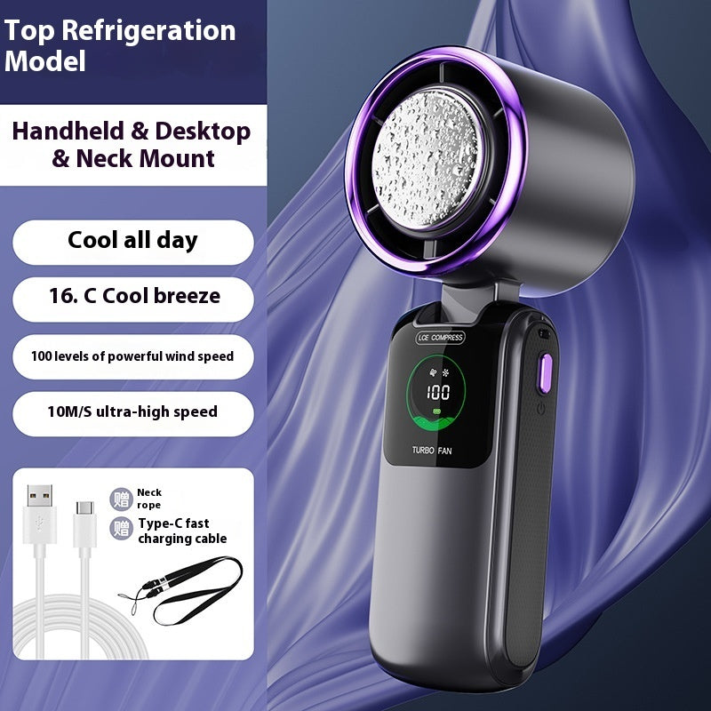 Ice Cooling Handheld Fan – High-Speed Adjustable Mini Fan, Folding Portable Neck Hanging Fan for Outdoor Travel & Daily Use