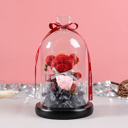 Luxury Eternal Flower Gift Box with Glass Cover & Bear Rose – Perfect Romantic Gift