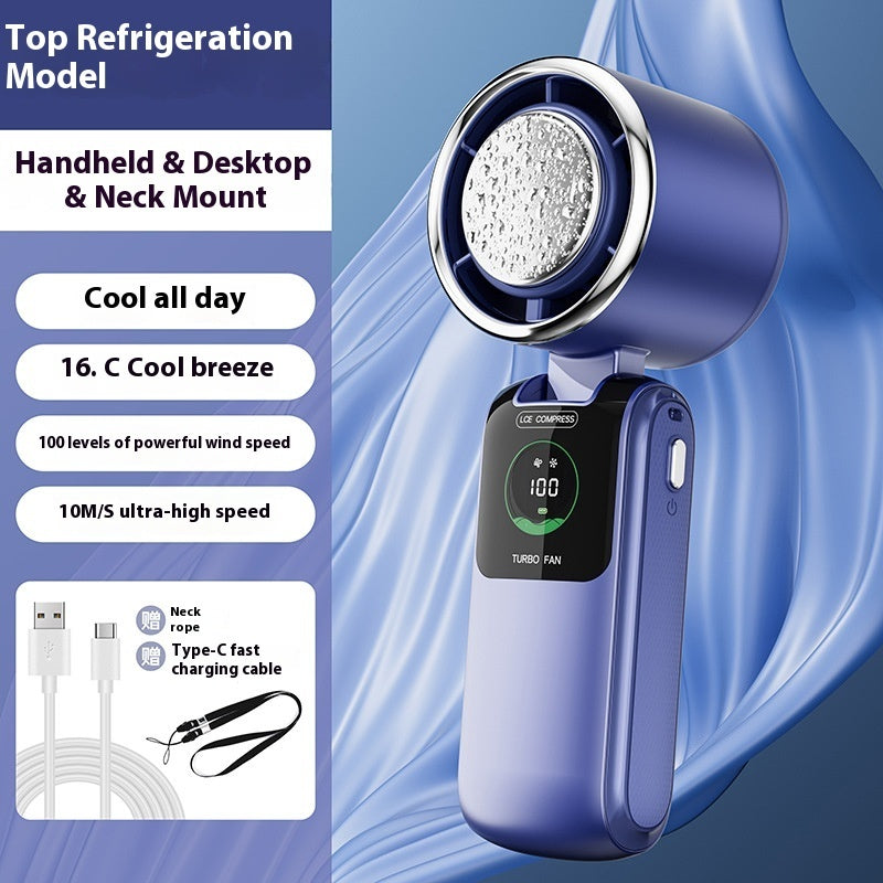 Ice Cooling Handheld Fan – High-Speed Adjustable Mini Fan, Folding Portable Neck Hanging Fan for Outdoor Travel & Daily Use