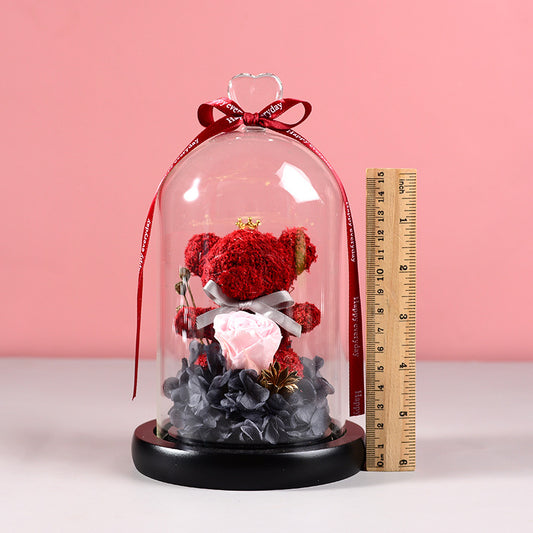 Luxury Eternal Flower Gift Box with Glass Cover & Bear Rose – Perfect Romantic Gift