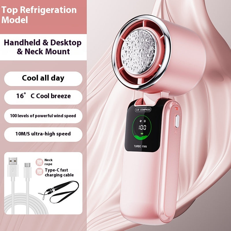 Ice Cooling Handheld Fan – High-Speed Adjustable Mini Fan, Folding Portable Neck Hanging Fan for Outdoor Travel & Daily Use