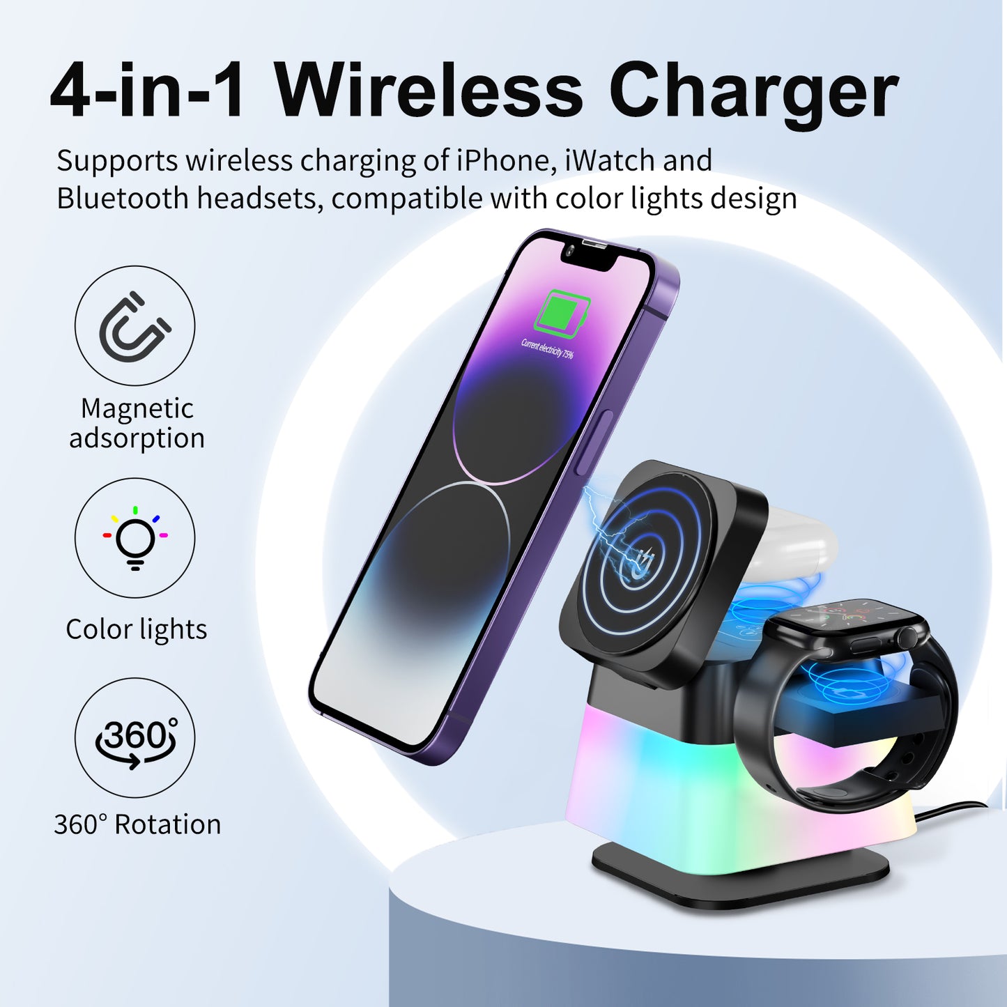 4-in-1 Rotating Magnetic Wireless Charging Stand with Ambient RGB Lighting