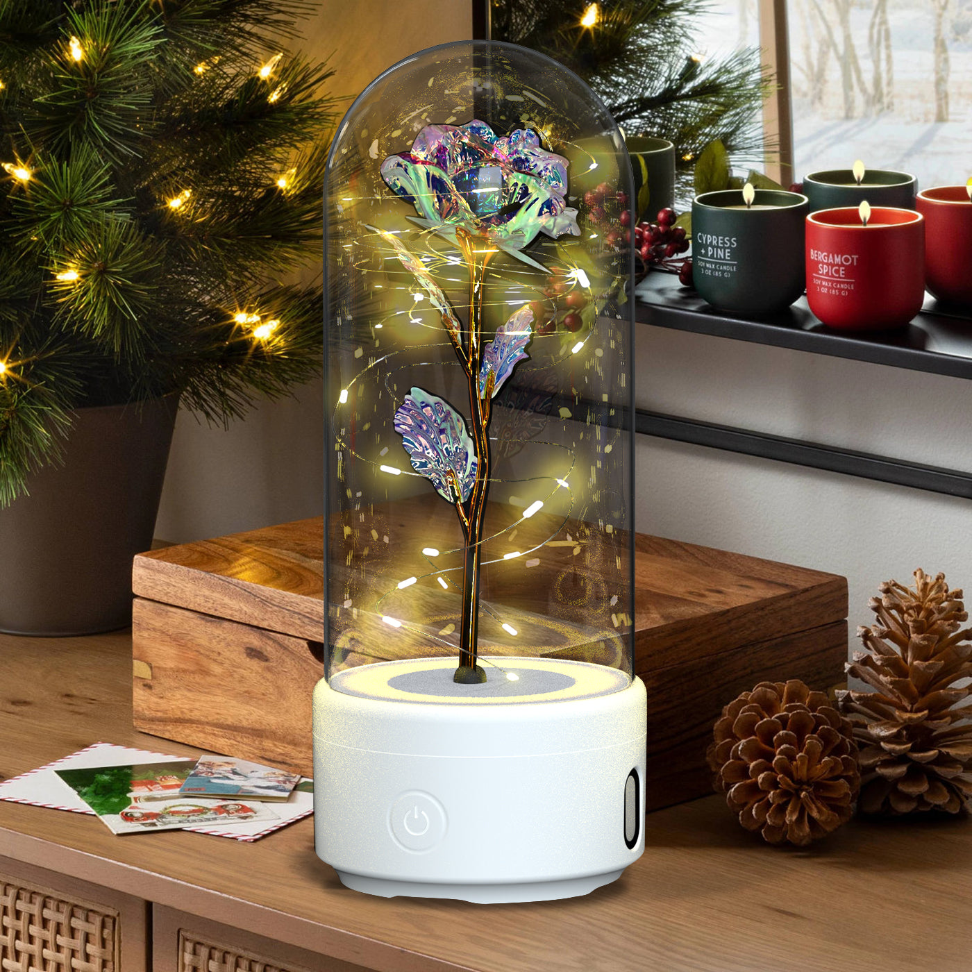 Eternal Rose LED Light & Bluetooth Speaker – Romantic Glass Dome Gift
