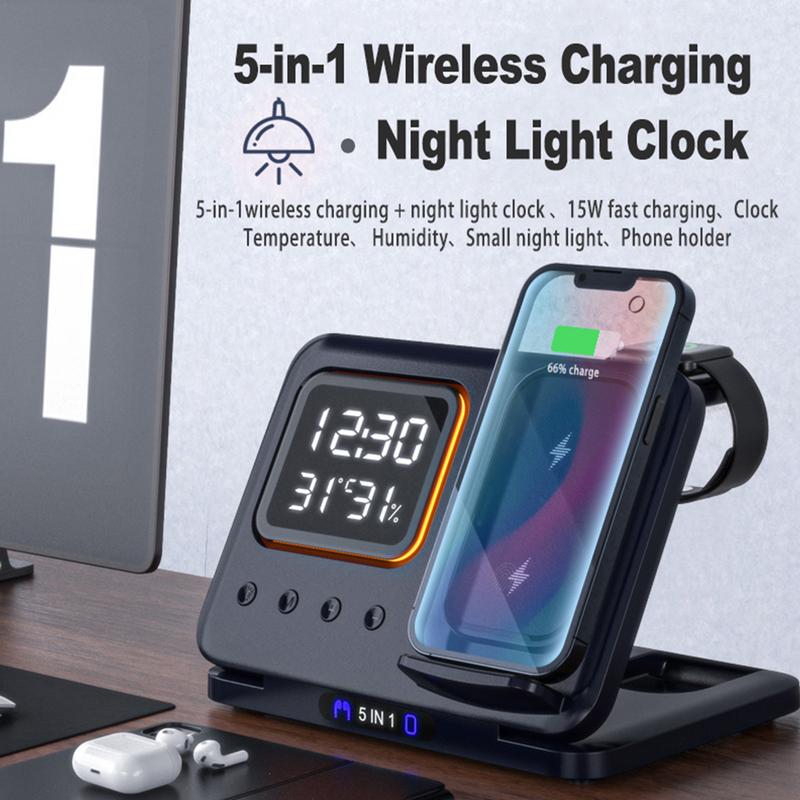 15W 5-in-1 Wireless Charging Dock with Alarm Clock & LED Display