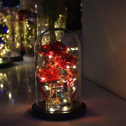 24K Gold Foil Rose LED Night Light – Romantic Glass Dome Gift