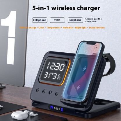 15W 5-in-1 Wireless Charging Dock with Alarm Clock & LED Display
